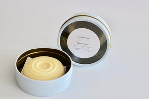 Large Peppermint lotion bar with reusable white and gold tin. Ishtahfeetah Soapery.