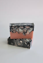 Load image into Gallery viewer, Pink Granite handcrafted, natural soap. Rose clay soap with white kaolin clay swirls + activated charcoal swirls. Unscented.