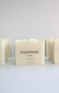 Pure cold processed handcrafted soap by Ishtahfeetah sopery.  Unscented and uncolored.  Vellum paper hand packaged.