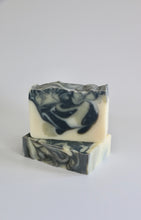 Load image into Gallery viewer, Nordic handcrafted, natural soap. Swirls of dark grey activated charcoal & French green clay.
