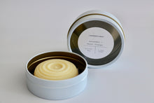 Load image into Gallery viewer, Large Lavender + Sweet Orange lotion bar with reusable white and gold tin. Ishtahfeetah Soapery.