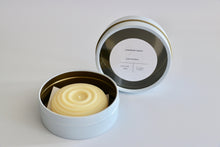 Load image into Gallery viewer, Large Lavender lotion bar with reusable white and gold tin. Ishtahfeetah Soapery.