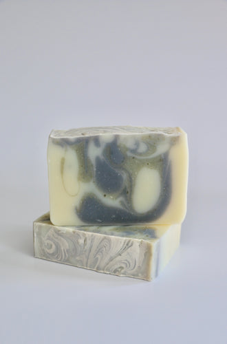 Nordic handcrafted natural soap - swirls of blue indigo and French green clay.