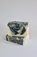 Load image into Gallery viewer, Nordic handcrafted, natural soap. Swirls of dark grey activated charcoal &amp; French green clay.
