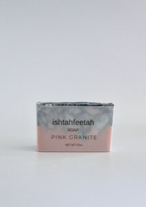 Pink Granite Ishtahfeetah Soapery. Black swirls of activated charcoal, pink rose clay + white kaolin clay. Unscented.